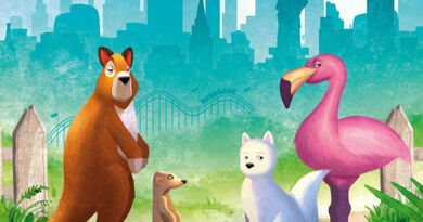 Illustration of a kangaroo, a meerkat, an artic fox and a flamingo in front of the new york skyline