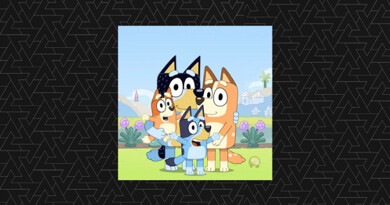 Bluey image of family of four dogs from BBC series