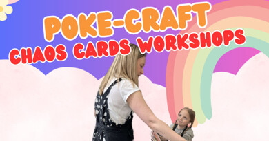Header containing Becky leading a Pokemon workshop on a multicoloured background