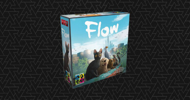 Header containing box image of Flow board game with a black cat on a townscape background