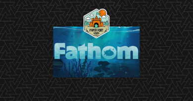 Header containing image of the Fathom boardgame box with deep sea imagery and Paper Fort logo