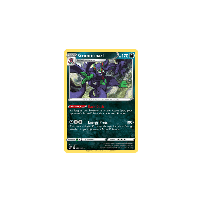 Grimmsnarl (REVERSE HOLO) : SWORD AND SHIELD - REBEL CLASH 125/192 - Pokemon  Single Card