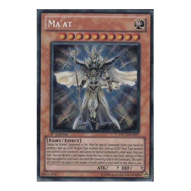 maat yugioh card Ma'at PRC1-EN017 Secret Rare 1st Edition Near Mint Description coming soon... Yu-Gi-Oh! Card PRC1-EN017 Ma'at (Secret