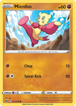 Mienfoo : SWORD AND SHIELD LOST ORIGIN 103/196 - Pokemon Single Card
