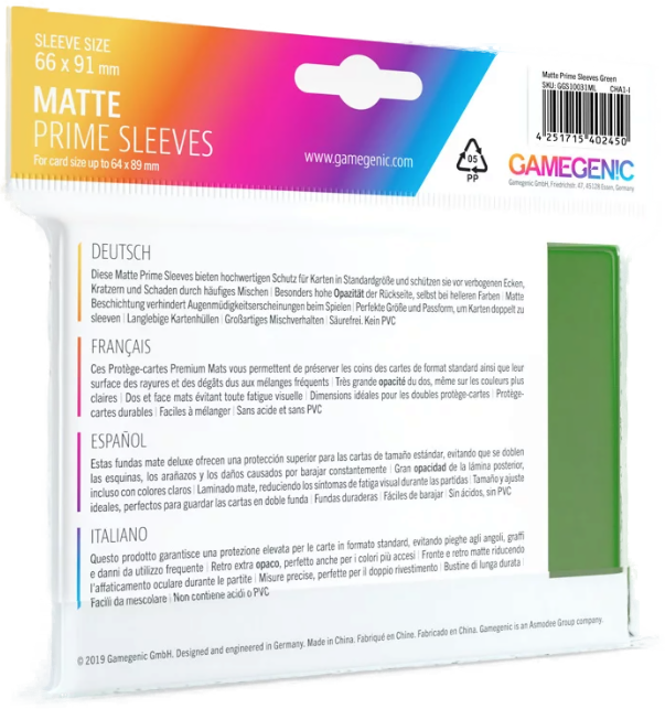 Gamegenic Matte Prime Standard Size Sleeves Green (100 ct.)