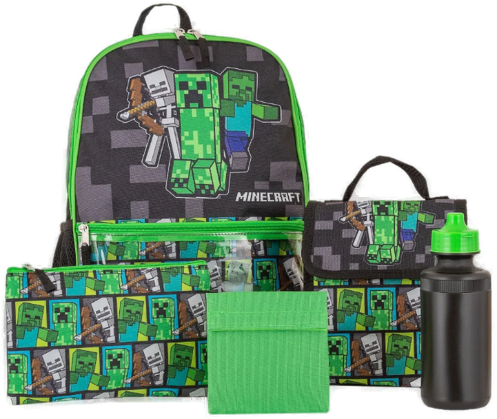 Minecraft Creeper Zombie Wither Kids 5 Piece Backpack Set