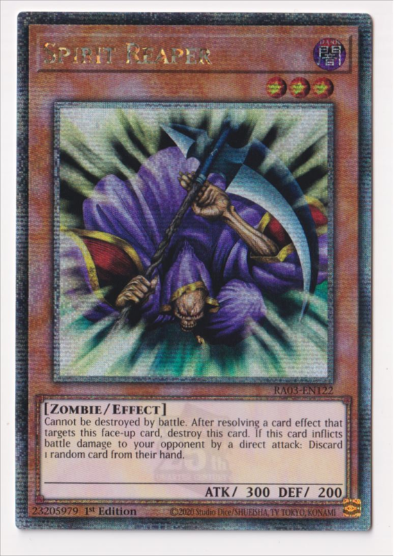 spirit reaper yugioh card Common 1st Edition Zombie World Yu-Gi-Oh! Spirit Reaper If this card successfully attacks your opponents Life Points directly Spirit Reaper (Quarter Century Secret