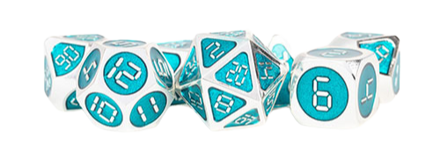 Fanroll - 16mm Metal Polyhedral Dice Set: Silver w/ Teal Enamel