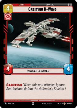 Orbiting K-Wing single card from Star Wars Unlimited