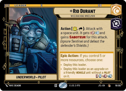 Rio Durant - Wisecracking Wheelman single card from Star Wars Unlimited