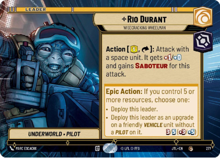 Rio Durant - Wisecracking Wheelman (HYPERSPACE) single card from Star Wars Unlimited