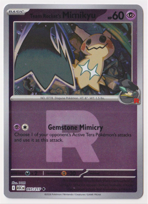 Team Rocket's Mimikyu (TEAM ROCKET REVERSE HOLO) : MEGA EVOLUTION - ASCENDED HEROES 97/217 - Pokemon Single Card Team Rocket's Mimikyu (TEAM ROCKET REVERSE HOLO) : MEGA EVOLUTION - ASCENDED HEROES 97/217 - Pokemon Single Card