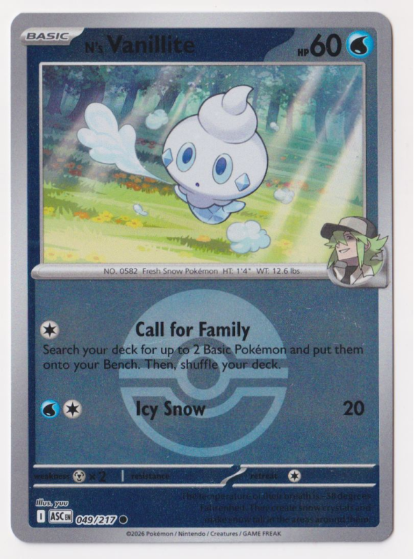 N's Vanillite (POKE BALL REVERSE HOLO) : MEGA EVOLUTION - ASCENDED HEROES 49/217 - Pokemon Single Card N's Vanillite (POKE BALL REVERSE HOLO) : MEGA EVOLUTION - ASCENDED HEROES 49/217 - Pokemon Single Card