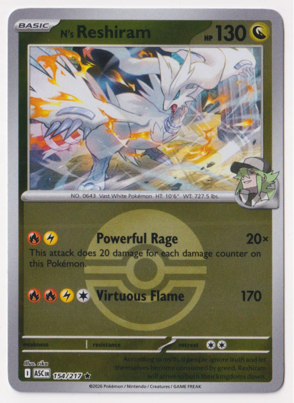 N's Reshiram (POKE BALL REVERSE HOLO) : MEGA EVOLUTION - ASCENDED HEROES 154/217 - Pokemon Single Card N's Reshiram (POKE BALL REVERSE HOLO) : MEGA EVOLUTION - ASCENDED HEROES 154/217 - Pokemon Single Card