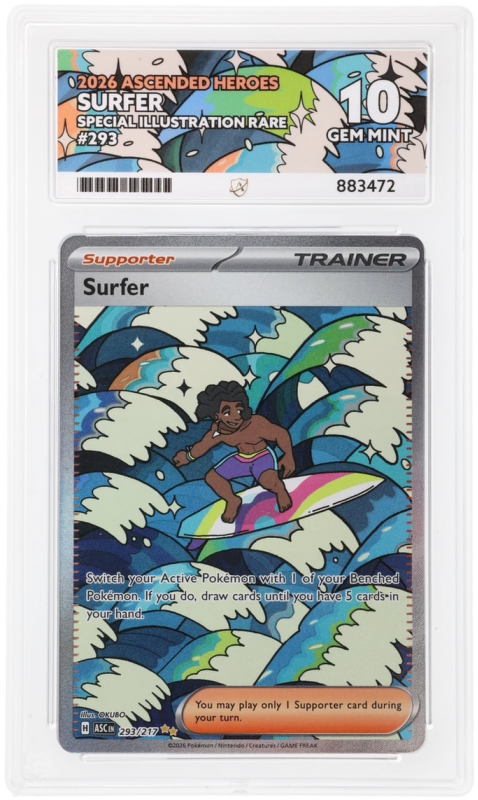 Surfer (SPECIAL ILLUSTRATION RARE) : 293/217 MEGA EVOLUTION ASCENDED HEROES - ACE GRADING Graded Card 10 GEM Surfer (SPECIAL ILLUSTRATION RARE) : 293/217 MEGA EVOLUTION ASCENDED HEROES - ACE GRADING Graded Card 10 GEM