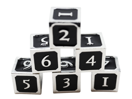 6 piece Metal D6s Black and Silver