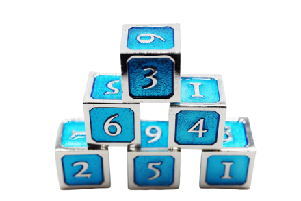 6 piece Metal D6s Blue and Silver