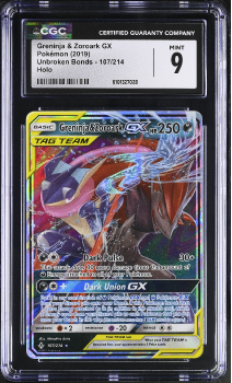 Greninja and Zoroark GX (HOLO) : 107/214 UNBROKEN BONDS - CERTIFIED GUARANTY COMPANY Graded Card - 9 Mint