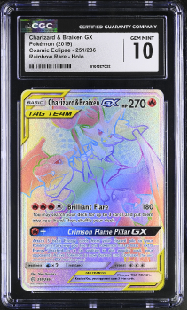 Charizard and Braixen GX (RAINBOW RARE - HOLO) : 251/236 COSMIC ECLIPSE - CERTIFIED GUARANTY COMPANY Graded Card - 10 GEM MINT