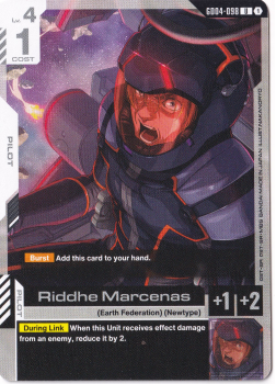 Riddhe Marcenas single card from Gundam Card Game