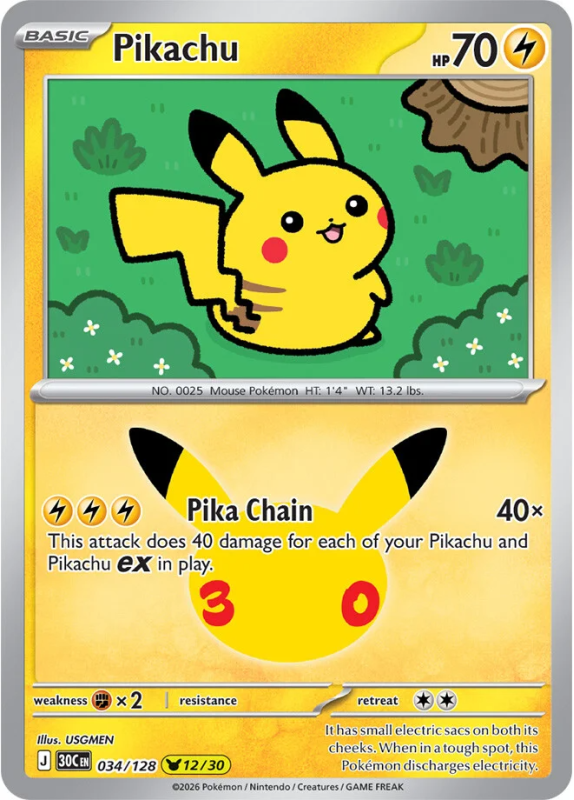 Pikachu 12/30 (holo) : 30TH CELEBRATION 34/128 - Pokemon Single Card
